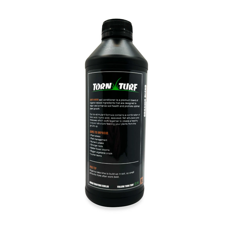 Image of Earthworx soil conditioner (Back) bottle with key ingredients highlighted: fish emulsion, seaweed, fulvic acid, humic acid, and molasses, promoting plant growth and soil health