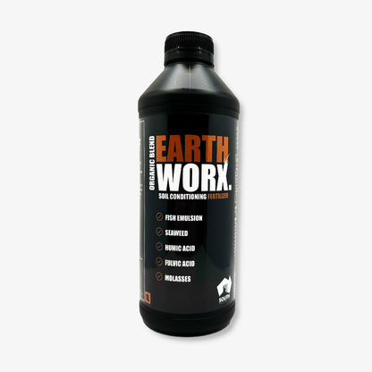 Image of Earthworx soil conditioner bottle with key ingredients highlighted: fish emulsion, seaweed, fulvic acid, humic acid, and molasses, promoting plant growth and soil health